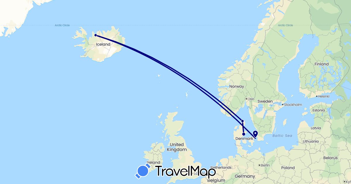 TravelMap itinerary: driving in Denmark, Iceland (Europe)
